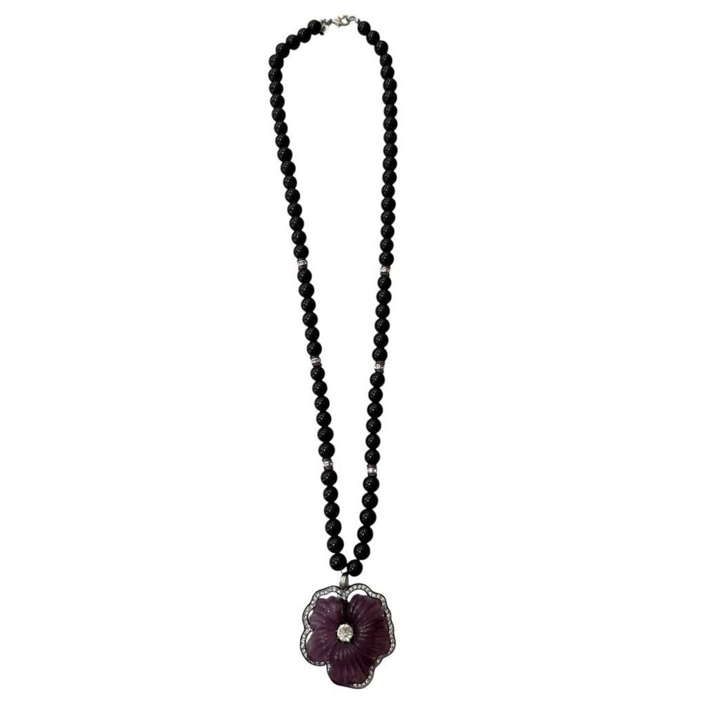 Kenneth Jay Lane vintage Floral Pendant Necklace Signed Black Beads purple - Picture 4 of 11